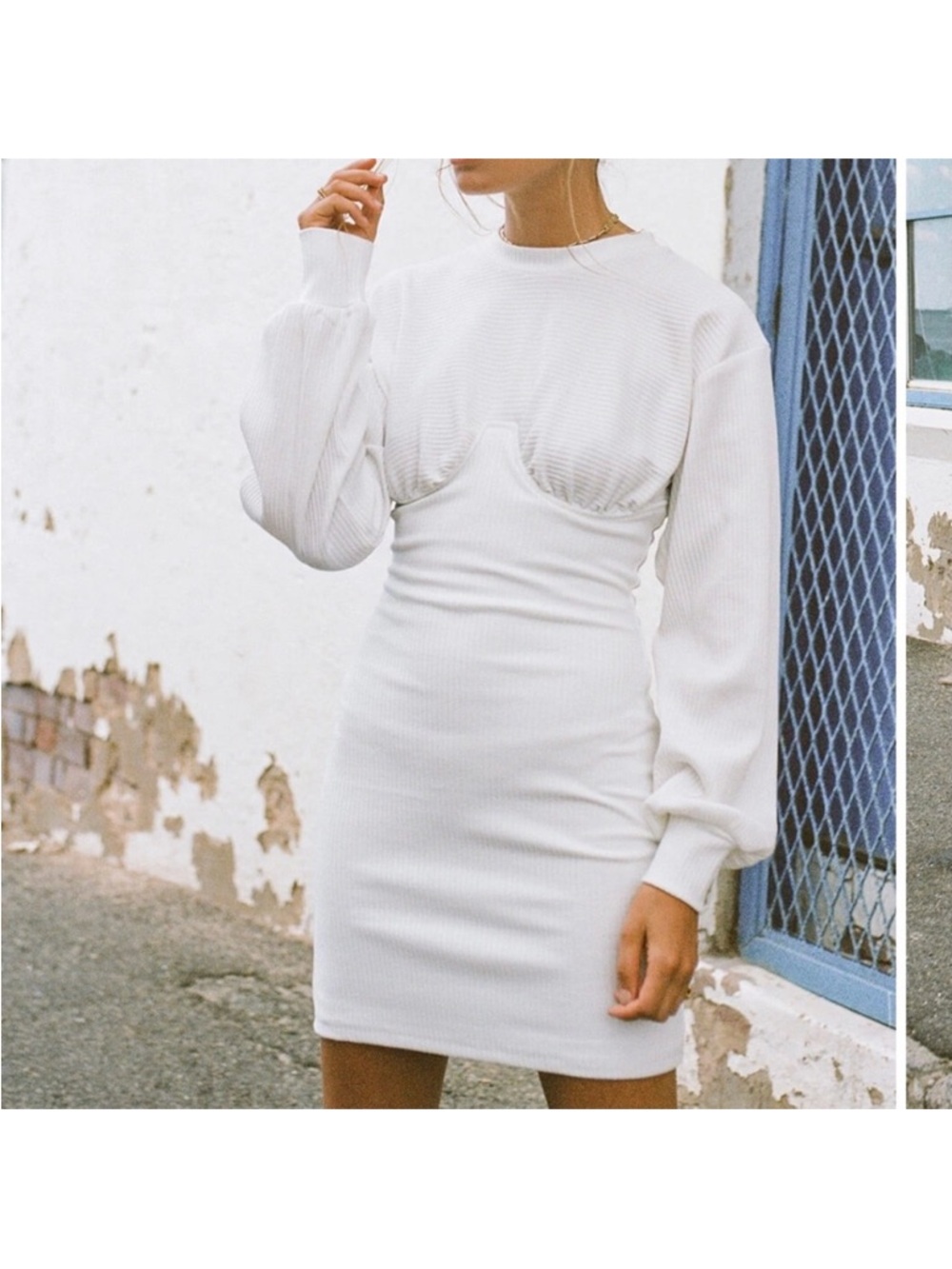 Sabo Skirt White Ribbed Long-Sleeve Mini Dress